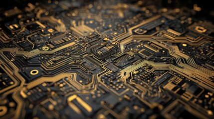 Highly detailed close-up of a modern computer circuit board showing intricate electronic pathways and tiny components in black and gold tones