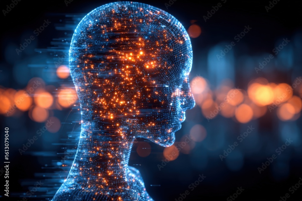 Poster futuristic digital human head with glowing data points and lines representing artificial ligence and