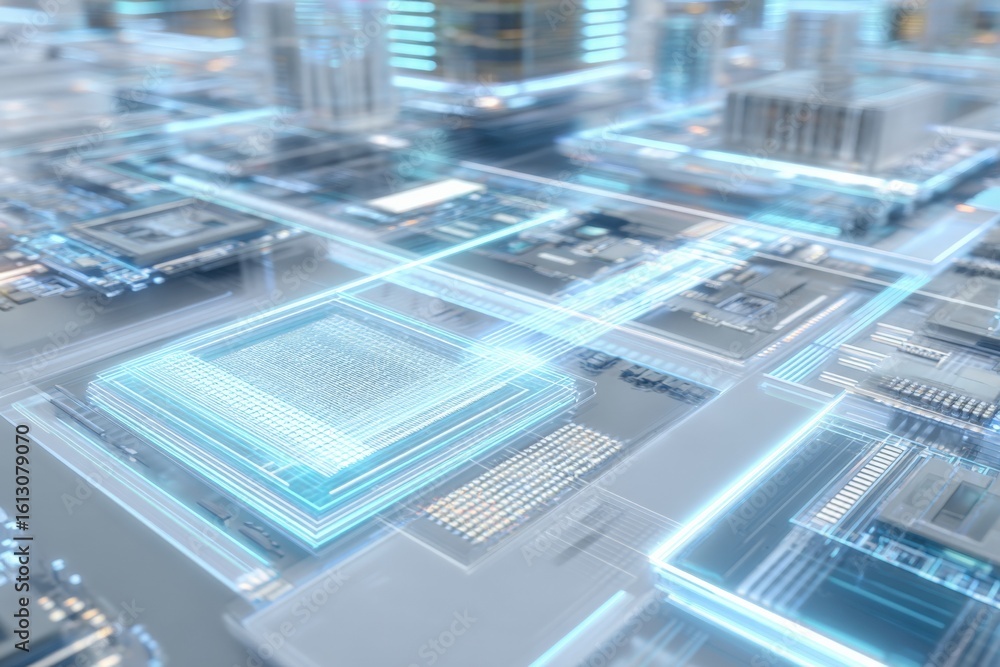 Poster futuristic digital circuit board with glowing neon lines and microchips representing advanced techno