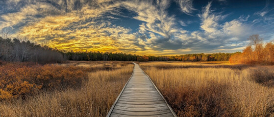 A wooden boardwalk winds through a sunlit autumnal marsh, leading towards a breathtaking sunset.  Tall grasses and vibrant foliage frame the scene under a dramatic sky.
