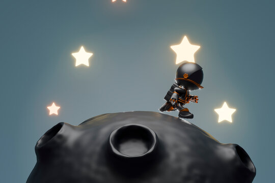 3d cartoon astronaut exploring asteroid with glowing stars in space