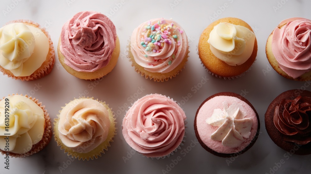 Poster assorted colorful cupcakes with various frosting designs and toppings arranged in a row on a neutral