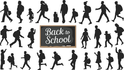 Silhouettes of School Kids and Teachers with Backpacks, Back to School Concept, Children Going to Class, Education Vector Illustration