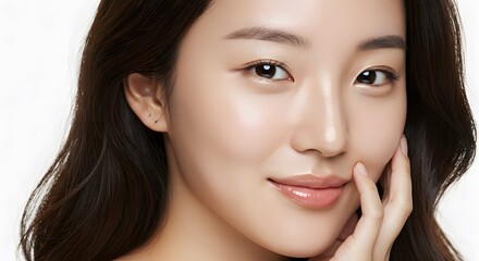 Obraz premium Close-up of Asian Woman's Face with Glossy Lips and Hand on Cheek
