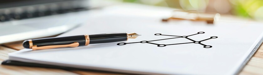 pen drawing branching diagram lines on sleek notebook