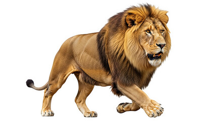 Ai generated image of a majestic male lion with a full mane walking confidently isolated on transparent background