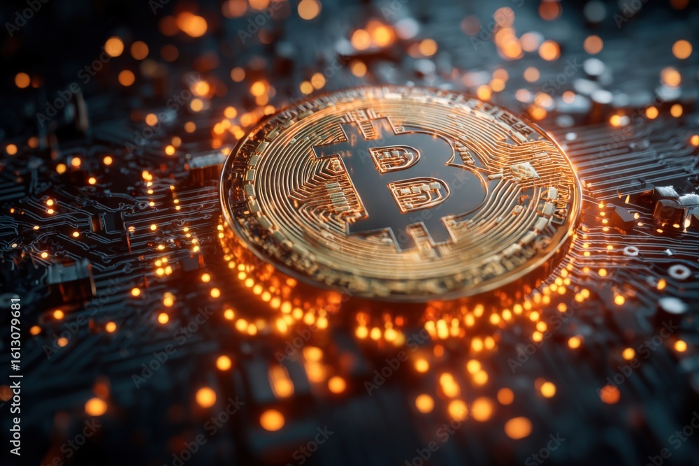 Poster close-up of a golden bitcoin coin with digital circuit background and glowing lights representing cr