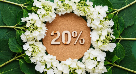 Corkboard circle with 20% sign surrounded by white hydrangeas and green leaves, showcasing a sale or discount concept, ideal for marketing or advertising