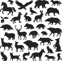 Silhouettes of Wild Forest Animals and Birds, Deer, Fox, Wolf, Bear, Hare, Boar, and Wildlife Vector Icons Collection
