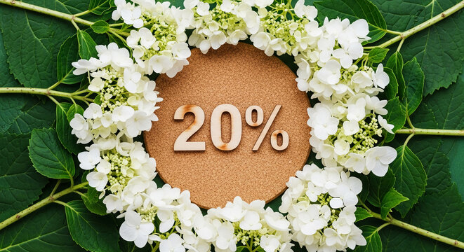 Corkboard circle with 20% sign surrounded by white hydrangeas and green leaves, showcasing a sale or discount concept, ideal for marketing or advertising