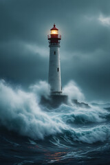 Obraz premium Lighthouse Under Stormy Skies Coastal Beacon of Hope and Resilience