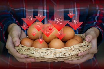 basket of fresh eggs with red downward arrow and percentage symbols, representing decreasing food prices, inflation, and cost reduction in agricultural products, concept for economic downturn and food