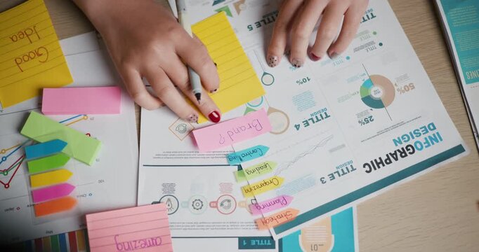Handheld top view shot, A woman's hand is writing a message on a sticky note stuck on a document while working at a desk in a home office.