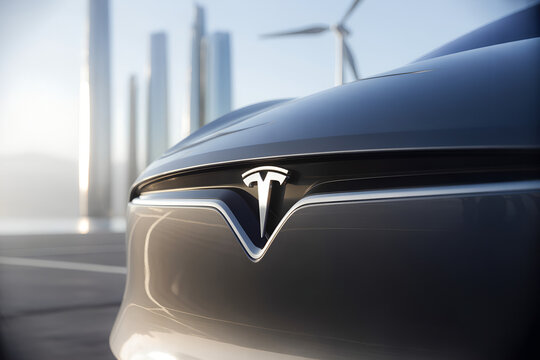 close-up of tesla emblem on luxury electric vehicle for branding

