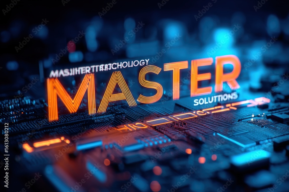 Poster high-tech futuristic ui design with large 3d text master in bright orange and blue neon effects on c