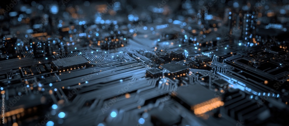 Poster highly detailed futuristic digital circuit board with glowing lights and microchip components for te