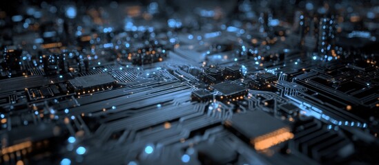Highly detailed futuristic digital circuit board with glowing lights and microchip components for technology innovation and electronic development