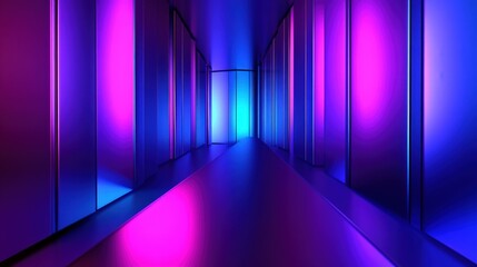 Futuristic corridor with vibrant neon purple and blue lighting creating a high-tech modern design and immersive ambiance in a digital space