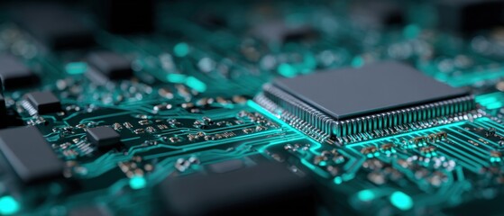 Close-up of detailed electronic circuit board with microchips and circuitry components illuminated with blue light for technology and innovation theme