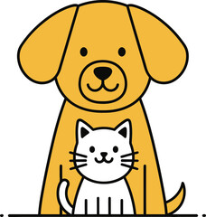 Happy golden retriever dog and white cat sitting together.