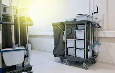 Commercial cleaning trolley in a facility corridor