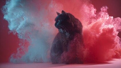 Fluffy black cat gazes to the left amidst swirling clouds of pink and blue smoke. The smoke evokes a surreal and dreamy atmosphere around the feline