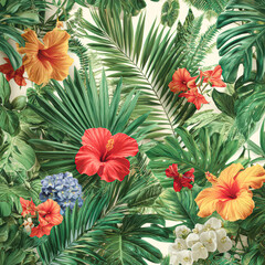 Naklejka premium A vibrant tropical pattern featuring lush green palm leaves, colorful hibiscus, orchids, and other exotic flowers.