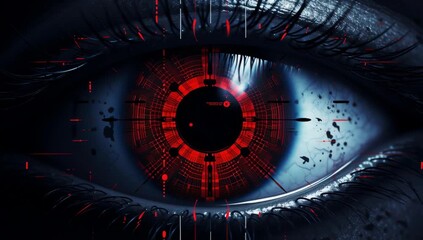 Cybernetic eye technology digital futuristic glowing red circle scanning interface with dark eyelashes and red digital interface glowing futuristic