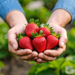 A handful of large, juicy strawberries fills a pair of soil-stained male hands, fresh from the garden. 