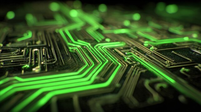 Close-up of a futuristic printed circuit board with glowing green electronic pathways and intricate microchip details in vibrant technology scene
