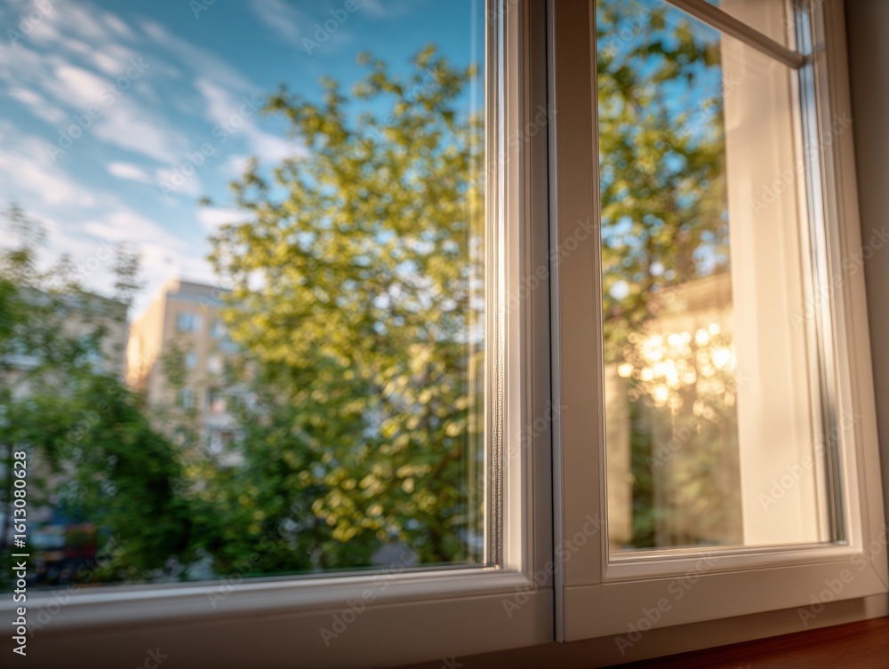 Aufkleber bright sunlight shining through a large open window in a modern home on a clear day, casting warm li
