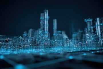 Futuristic cityscape with glowing skyscrapers and digital data overlay representing smart urban technology and high-tech infrastructure at night