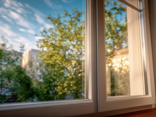 Bright sunlight shining through a large open window in a modern home on a clear day, casting warm light indoors with a view of trees and sky outside