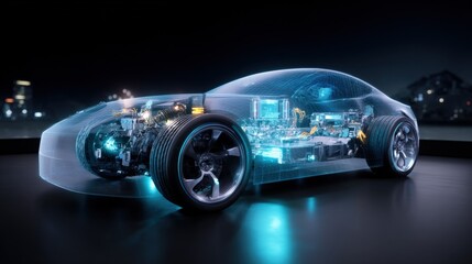 Fototapeta premium Futuristic transparent electric vehicle with visible internal components glowing in night cityscape with digital effects and modern vehicle design