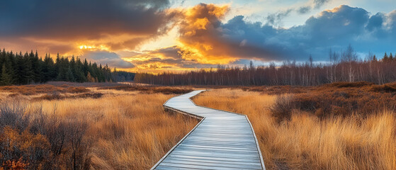 A wooden boardwalk winds through a serene autumnal marsh, bathed in the warm glow of a breathtaking sunset.  Dark clouds contrast vividly with the fiery sky above.
