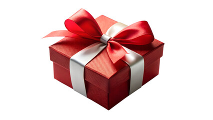 A sparkling red gift box adorned with a festive red and silver ribbon tied in a neat bow, presented from a slightly elevated angle, isolated on a transparent background