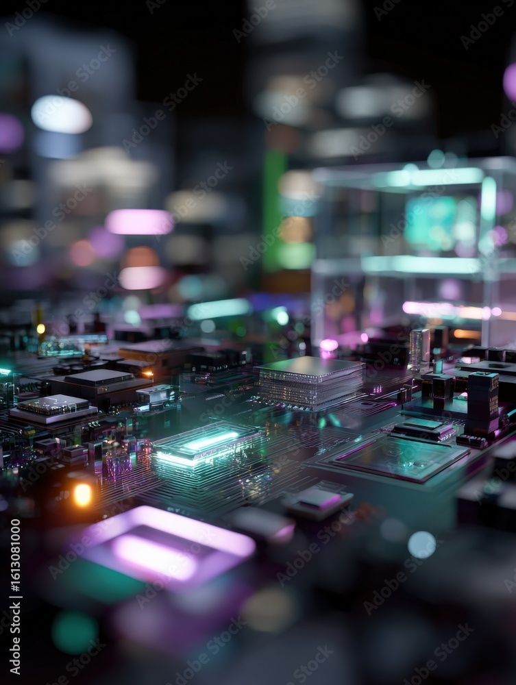 Poster close-up of a modern printed circuit board with electronic components and colorful glowing lights in