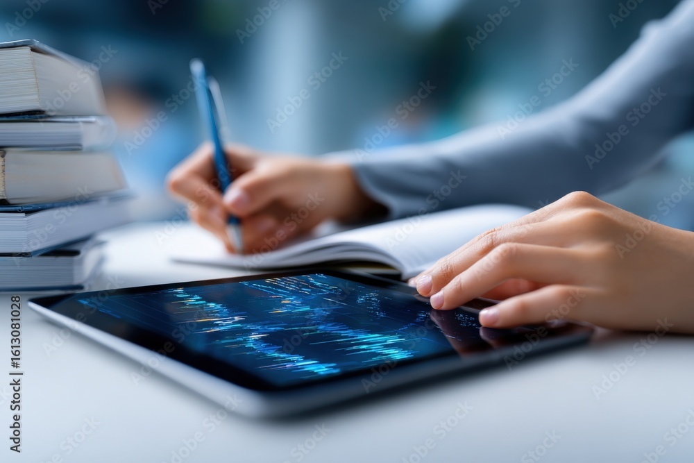 Poster modern workspace with digital tablet and pen for note taking and data analysis du busy office day wi