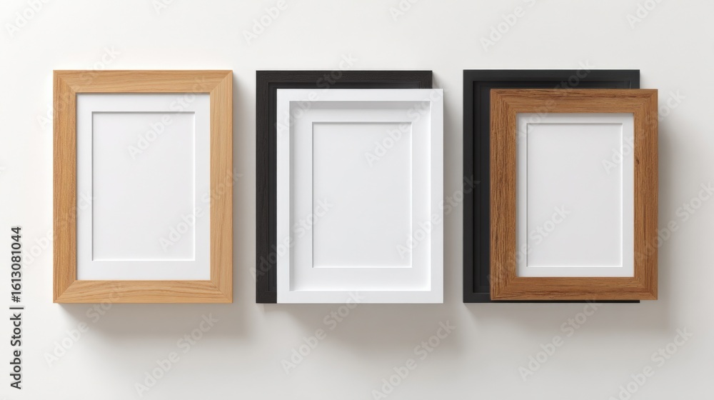 Poster set of three empty photo frames with different colors and wood finishes on a plain white background 