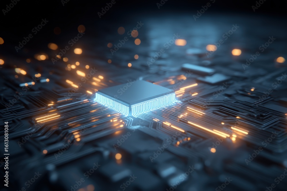 Aufkleber ultra high tech microchip with luminous glowing circuits on dark futuristic technology background fo