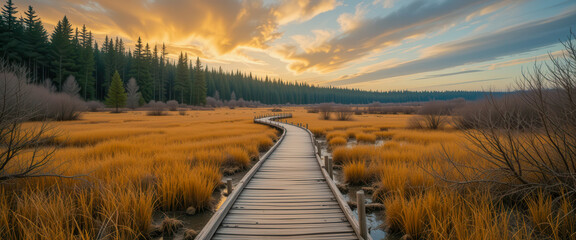 A wooden boardwalk winds through a golden marsh, leading towards a tranquil forest under a vibrant sunset sky.  Peaceful autumnal landscape.