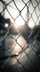 Fototapeta premium Close-up of a weathered chain-link fence with sunlight shining through, creating a dramatic backlit scene and emphasizing the fence's texture