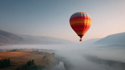 Fototapeta premium Hot air balloon floating above misty valley with mountains and open fields du sunrise scene in a peaceful rural landscape