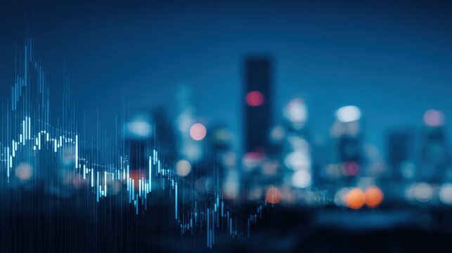 Modern financial stock market trading chart with digital graphs and glowing cityscape background at night showing data analysis and investment trends