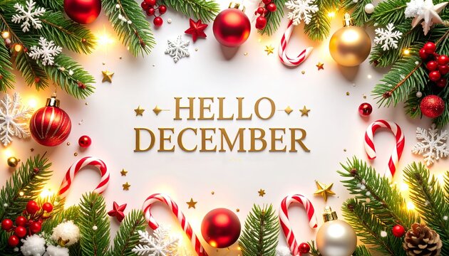 The word "HELLO DECEMBER" text in bold festive font surrounded by Christmas decorations, pine branches, candy canes, snowflakes, and glowing lights on a snowy white background. Energetic concept