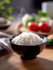 Steaming hot freshly cooked white rice in a black bowl placed on a wooden table with fresh vegetables and herbs blurred in background