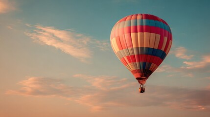 Obraz premium Vibrant Hot Air Balloon Floating in Clear Sky Du Sunrise or Sunset Over Scenic Cloudscapes and Soft Clouds