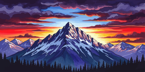 Snow-Capped mountain at sunset textural bold watercolor landscape art, hand-painted style twilight horizon painting.