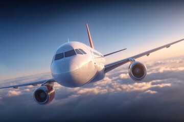 Fototapeta premium Modern passenger airplane flying high in blue sky du sunset with clouds below for travel tourism and aviation transportation concept