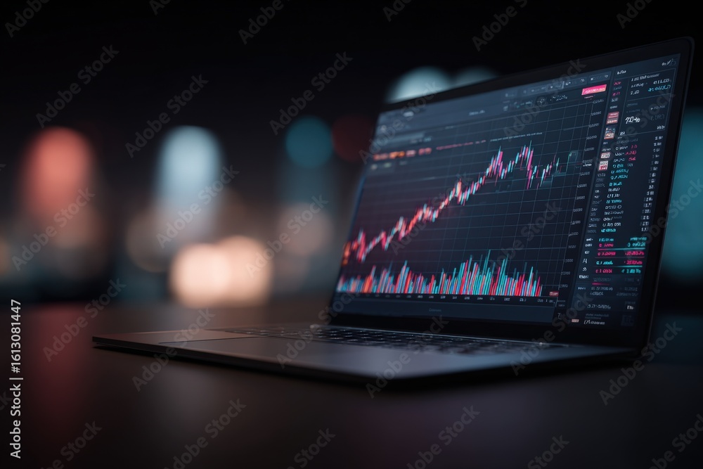 Aufkleber advanced financial trading analysis on a high-resolution laptop screen displaying complex stock mark